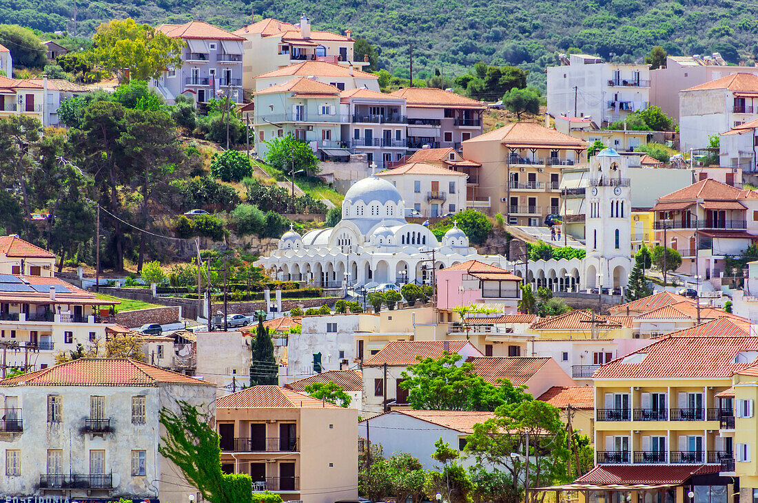  View of Pylos with the Holy Assumption Church in the center, a port city in Messinia in Greece. 