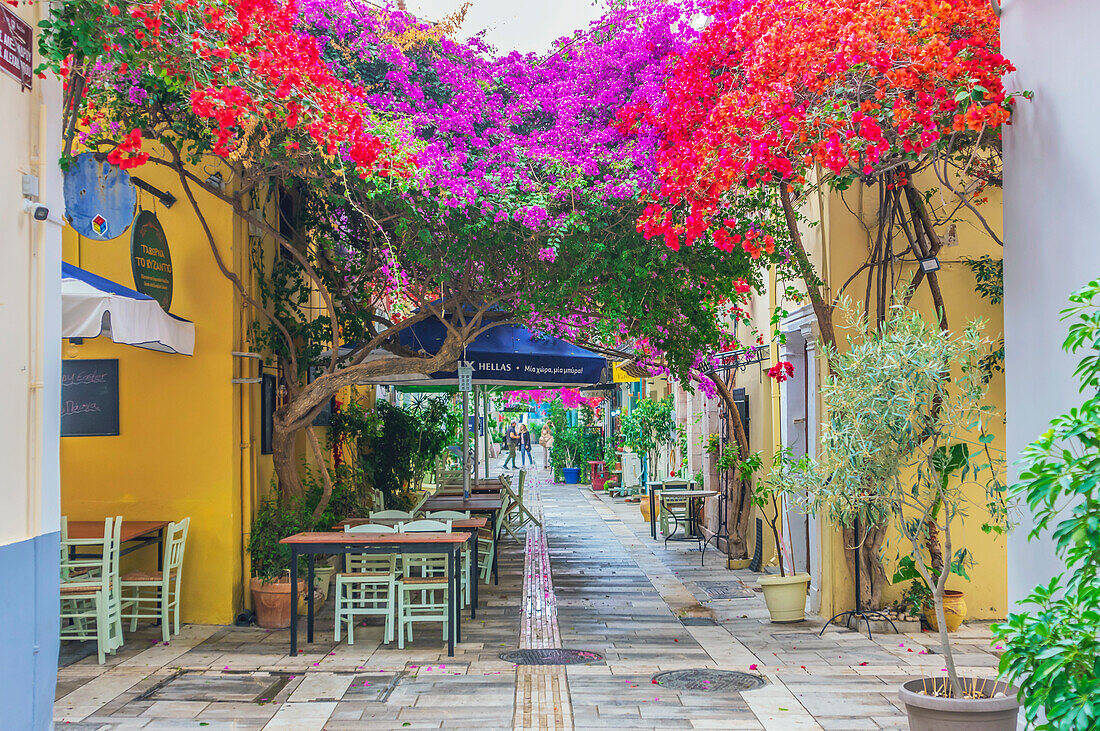 Gassen mit Straßencafes und bunten Bougainvilleas, in der Stadt Nafplio, Peloponnes, Argolischer Golf, Ägäis, Griechenland