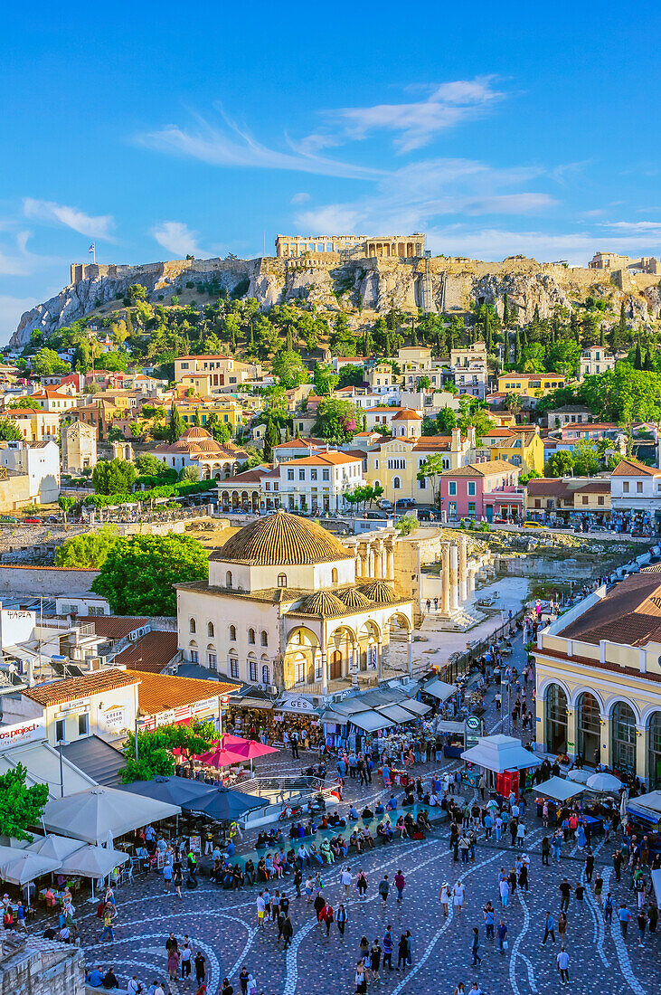  View of Byzantine church on Monastiraki Square, Acropolis in the background, Athens, Greece 