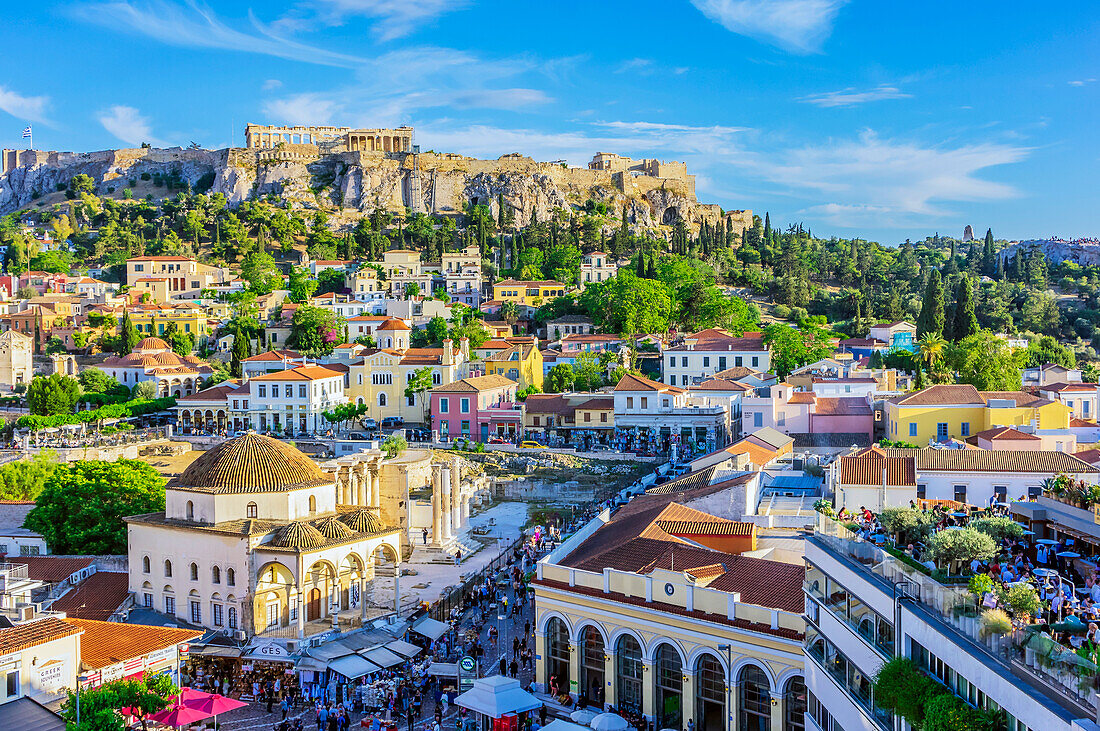  View of Byzantine church on Monastiraki Square, Acropolis in the background, Athens, Greece 