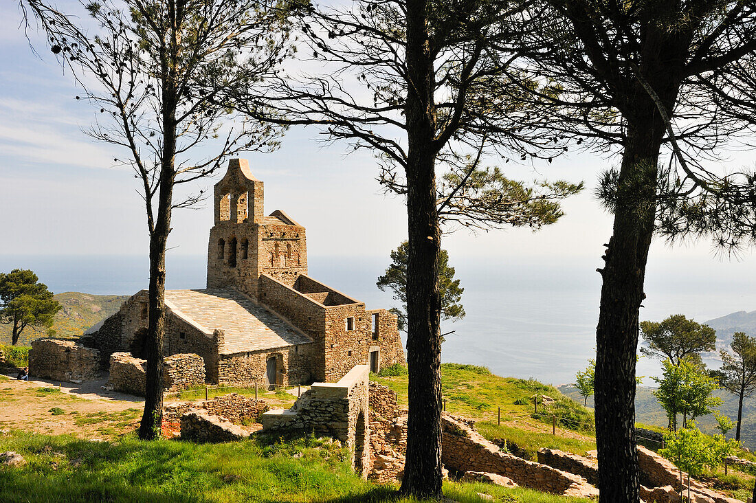 the Romanesque style church Santa Helena  near of the Monastery of Sant Pere de Rodes.Costa Brava,Catalonia,Spain,Europe