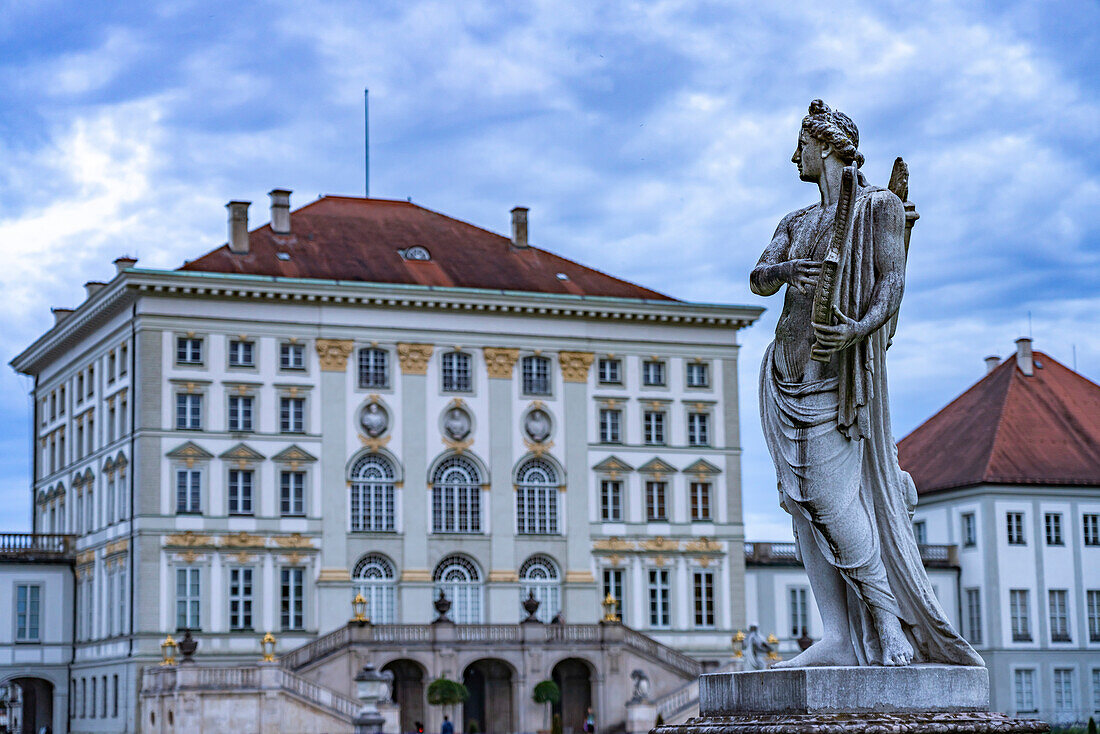  Statue of Apollo with Kithara in the park of Nymphenburg Palace in Munich, Bavaria, Germany  