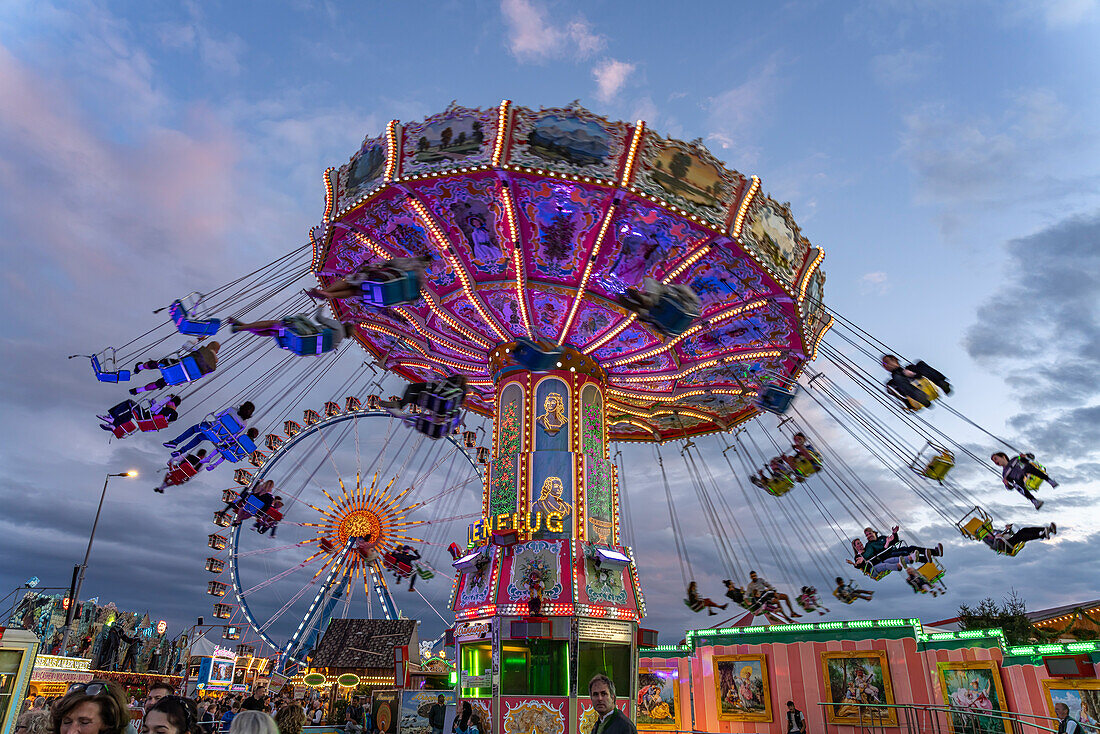  Swing carousel at Oktoberfest 2024 at dusk, Munich, Bavaria, Germany  