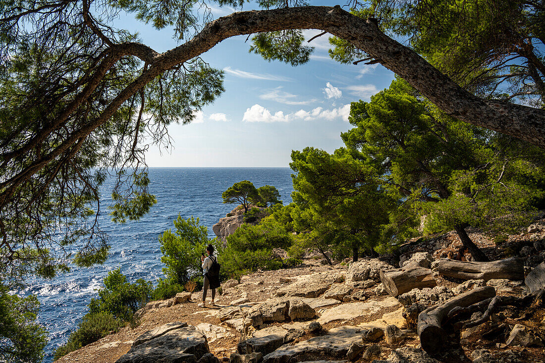  A woman looks out to sea at Calanque between Cassis and Marseille, Provence, France, Europebetween Cassis and Marseille, Provence, France, Europe 