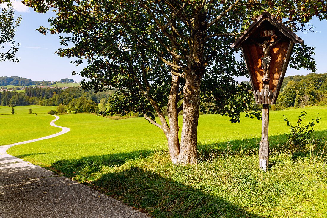  Wayside cross with wooden crucifix at the Mesnerkapelle lookout point in Grainbach and path to Eßbaum and Törwang on Samerberg in Chiemgau in Upper Bavaria in Germany 