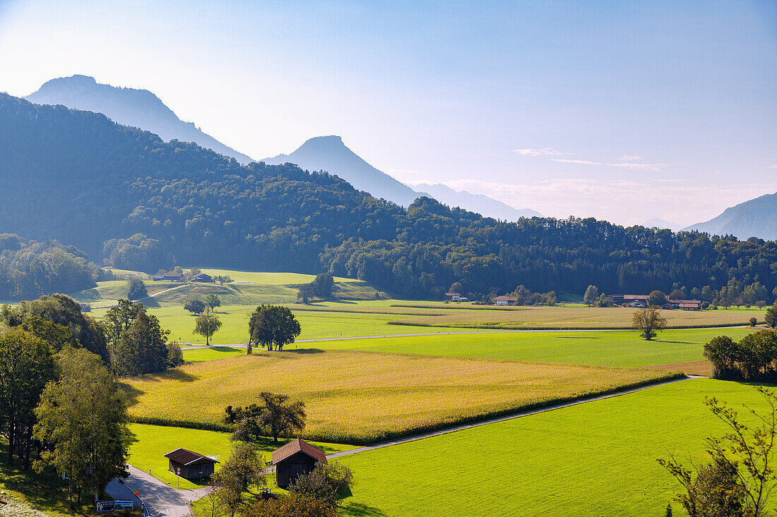  View from the Haschlberg viewpoint in Neubeuern into the Inn Valley and to Samerberg in Chiemgau in Upper Bavaria in Germany 