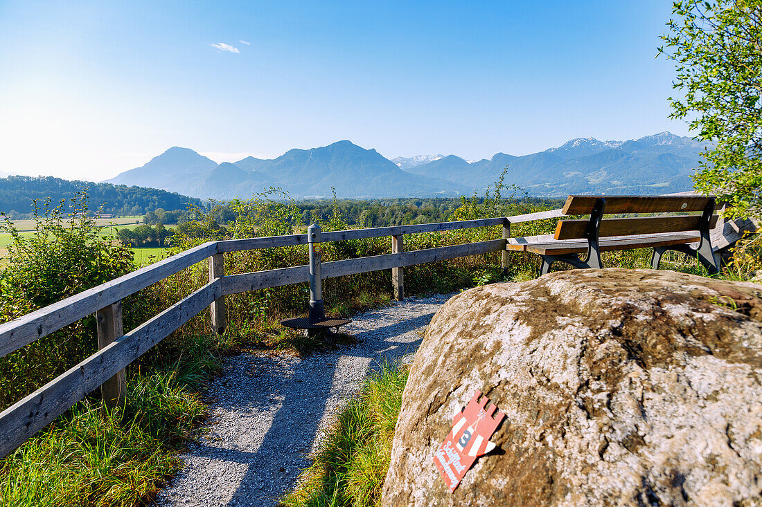  Schiffleutwanderweg and view from the Haschlberg lookout point in Neubeuern into the Inn Valley in Chiemgau in Upper Bavaria in Germany 