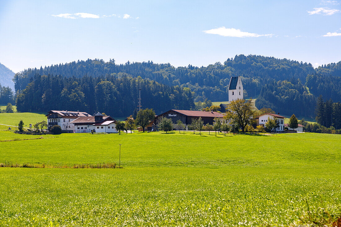  Roßholzen with Moarhof and Church of St. Bartholomäus at Samerberg in Chiemgau in Upper Bavaria in Germany 