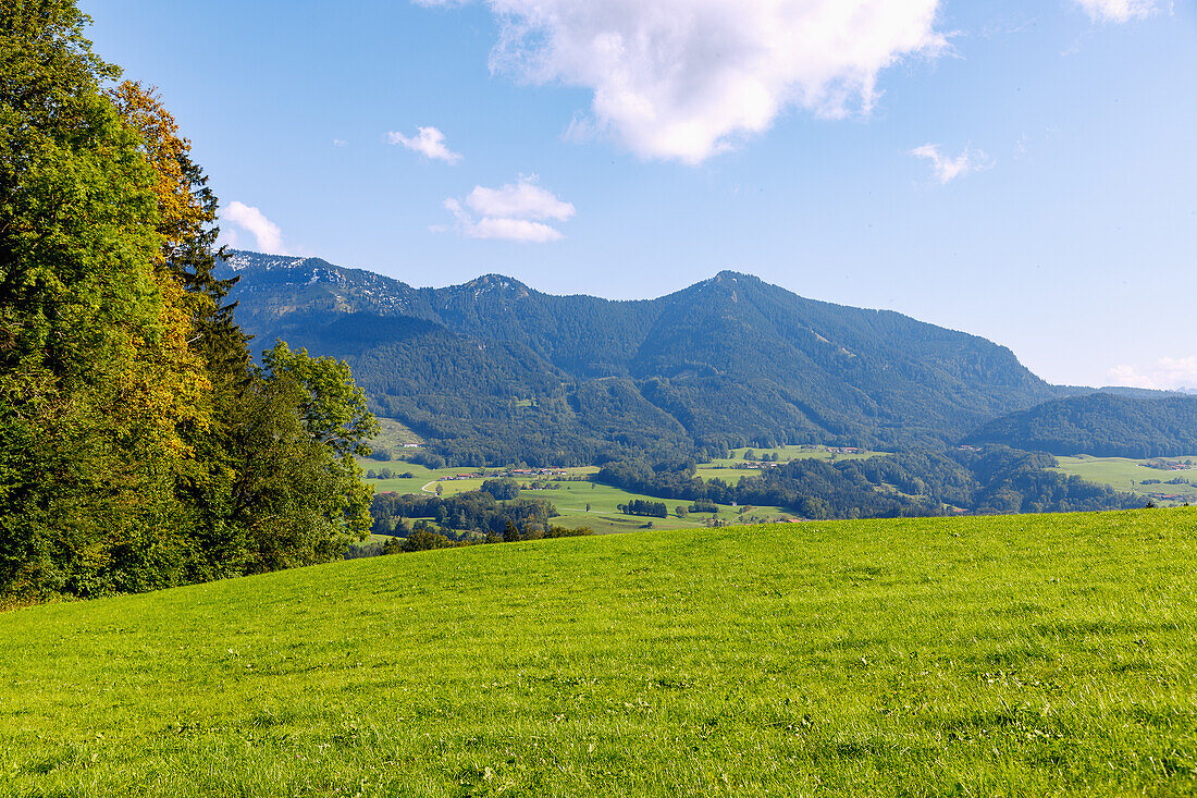  Landscape near Siegharting am Samerberg with a view towards Hochries in Chiemgau in Upper Bavaria in Germany 