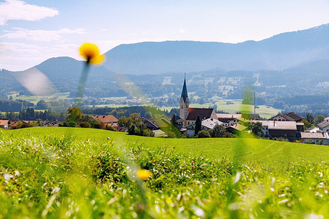  View from the Obereck viewpoint on Törwang am Samerberg in Chiemgau in Upper Bavaria in Germany 