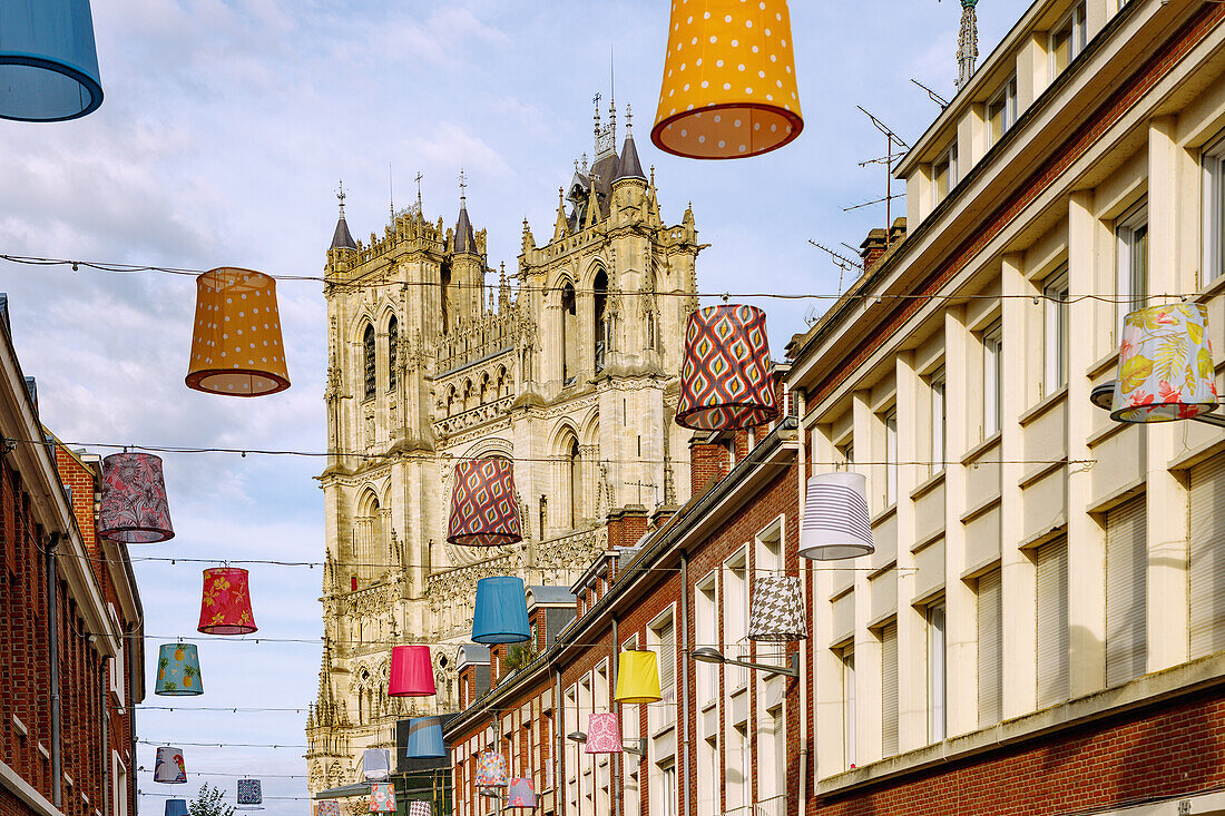  Rue Dusevel decorated with lampshades with a view of the Cathédrale Notre-Dame in Amiens in the Somme department in the Hauts-de-France region of France 