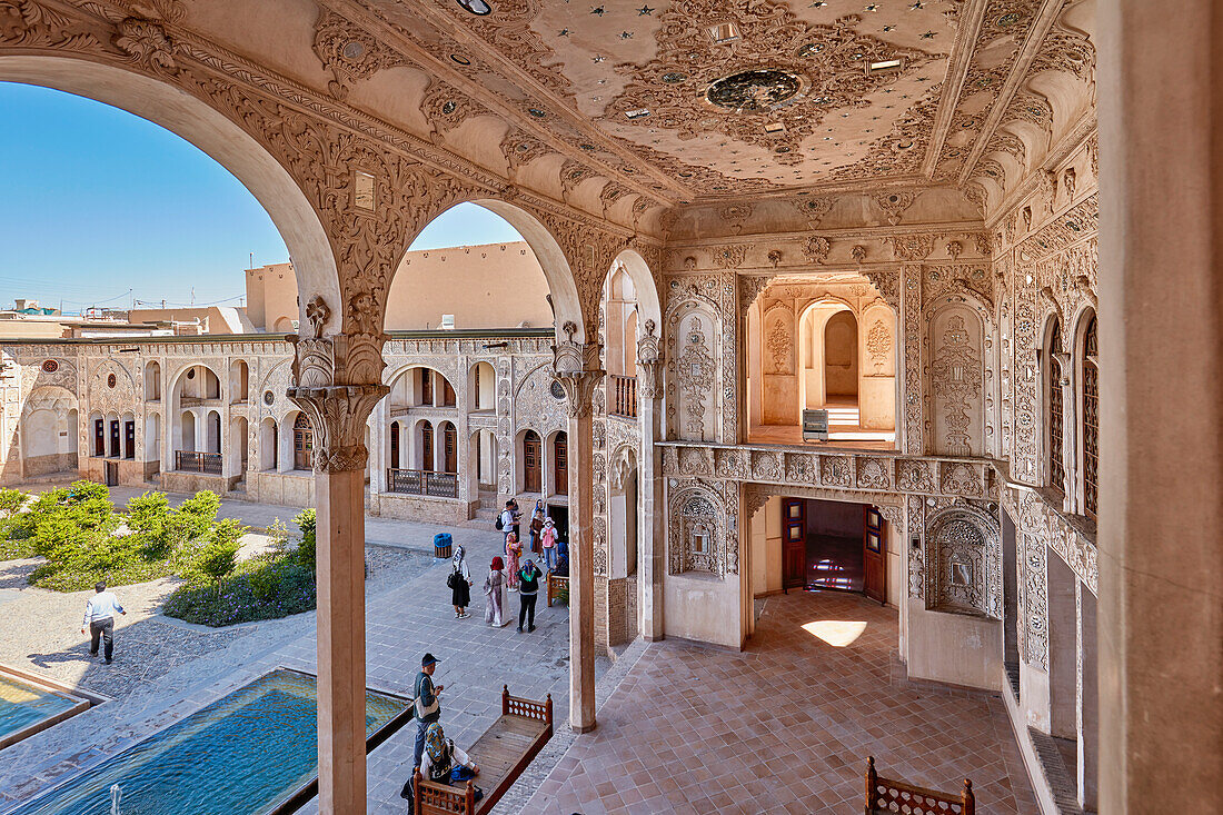 Richly decorated terrace walls and ceiling in the Tabatabaei House, a historic mansion built around 1880 in Kashan, Iran.