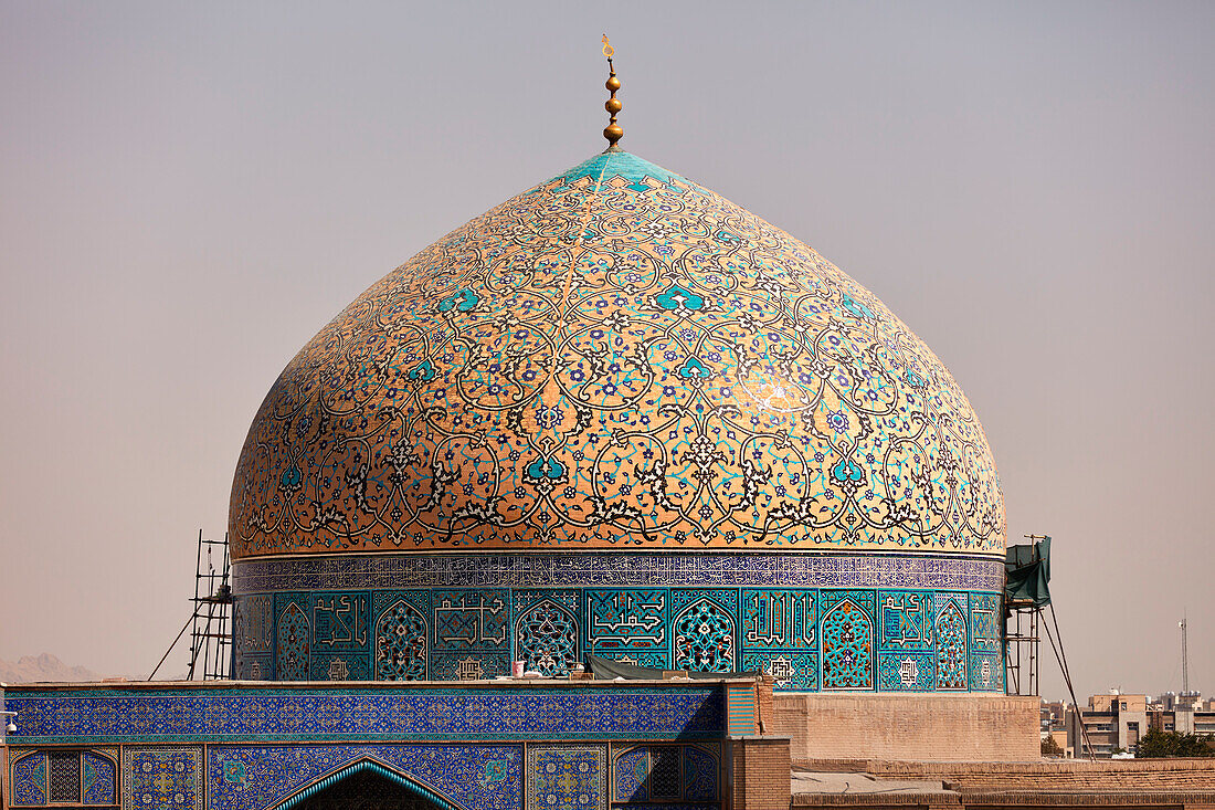 Ornate dome of the Lotfollah Mosque with its elaborate tilework. Naqsh-e Jahan Square, Isfahan, Iran.