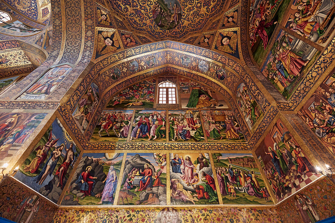 Colorful frescoes inside the 17th century Holy Savior Cathedral (Vank Cathedral) in the New Julfa, Armenian quarter of Isfahan, Iran.