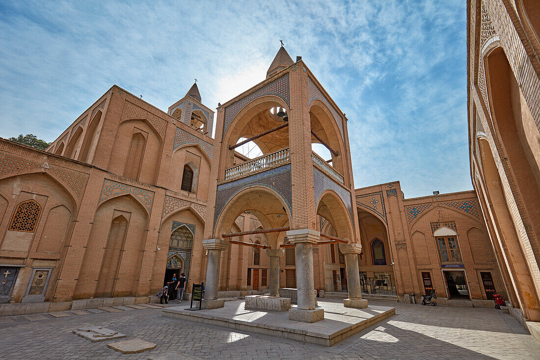 Exterior view of bell tower and facade of the 17th century Holy Savior Cathedral (Vank Cathedral) in the New Julfa, Armenian quarter of Isfahan, Iran.