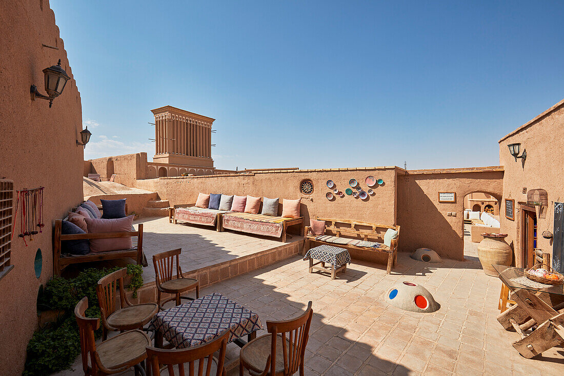 Rooftop area of the Art House Cafe in the historical Fahadan Neighborhood in Yazd, Iran.