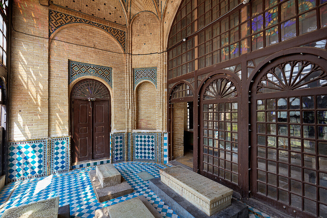 Interior view of the artists’ cemetery in Musalla Gardens at the Tomb of Hafez, one of the greatest Persian poets of all times. Shiraz, Iran.