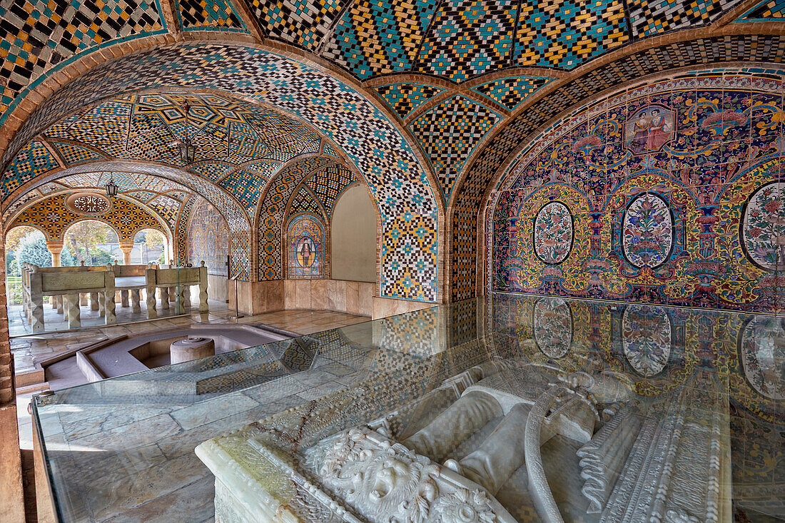 The marble tombstone of Nasser ed Din Shah at the Karim Khani Nook, a structure in the Golestan Palace dating back to 1759. Tehran, Iran.