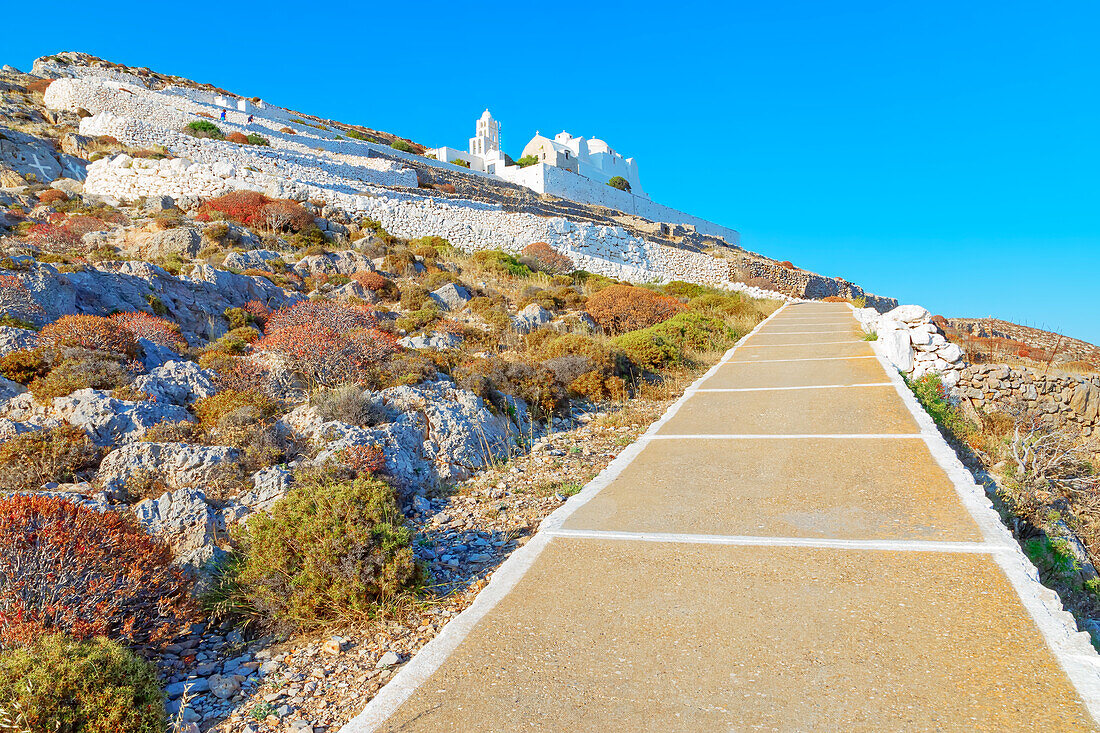 Path leading to Panagia Kimissis church, Chora, Folegandros Island, Cyclades Islands, Greece