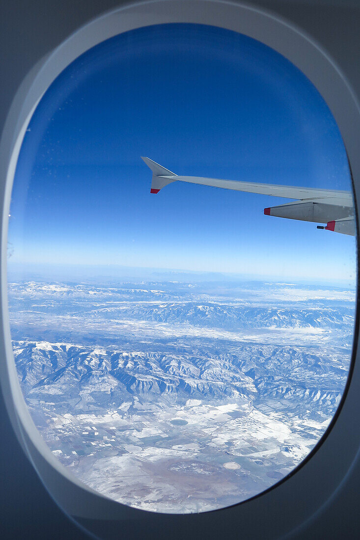  Airplane window with view of Midwest, USA 