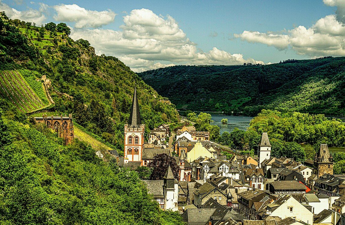  Old town of Bacharach with Werner Chapel, St. Peter&#39;s Church and fortress towers, in the background the Rhine Valley, Upper Middle Rhine Valley, Rhineland-Palatinate, Germany 