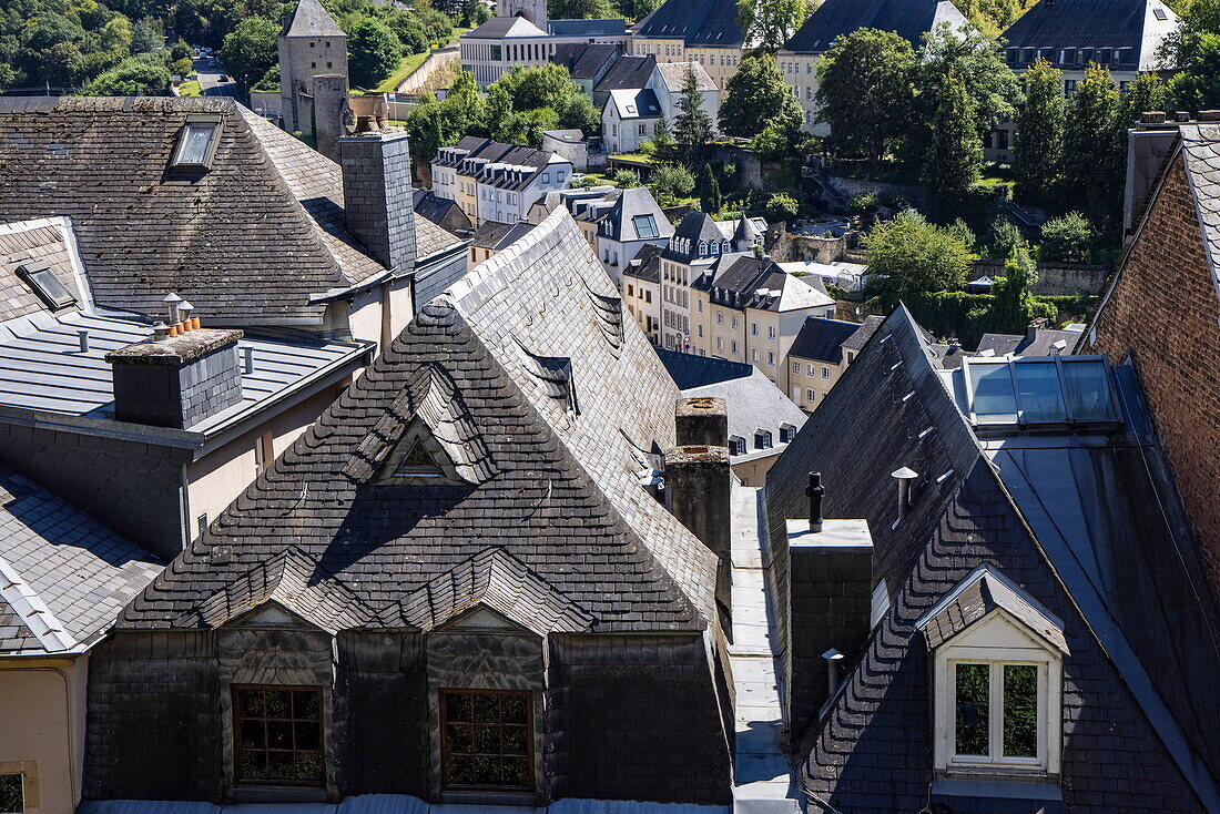  Top view of buildings in the Grund district in the valley below the center of Luxembourg City on the banks of the Alzette river, Luxembourg, Luxembourg, Europe 