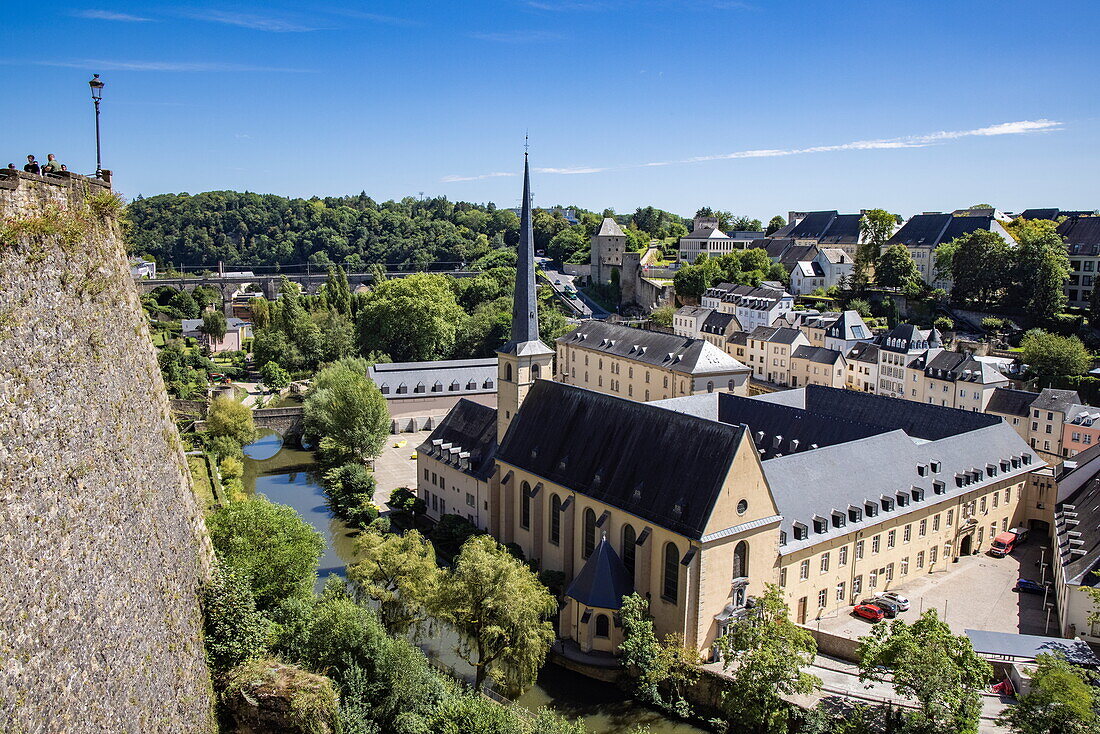  View of the church Église Saint-Jean-du-Grund in the district of Grund in the valley below the center of Luxembourg City on the banks of the river Alzette, Luxembourg, Luxembourg, Europe 