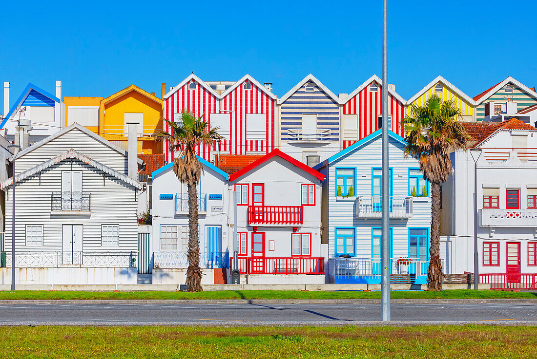 Traditional wooden striped houses, Costa Nova do Prado, Aveiro, Portugal