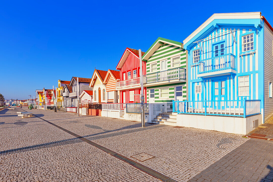 Traditional wooden striped houses, Costa Nova do Prado, Aveiro, Portugal