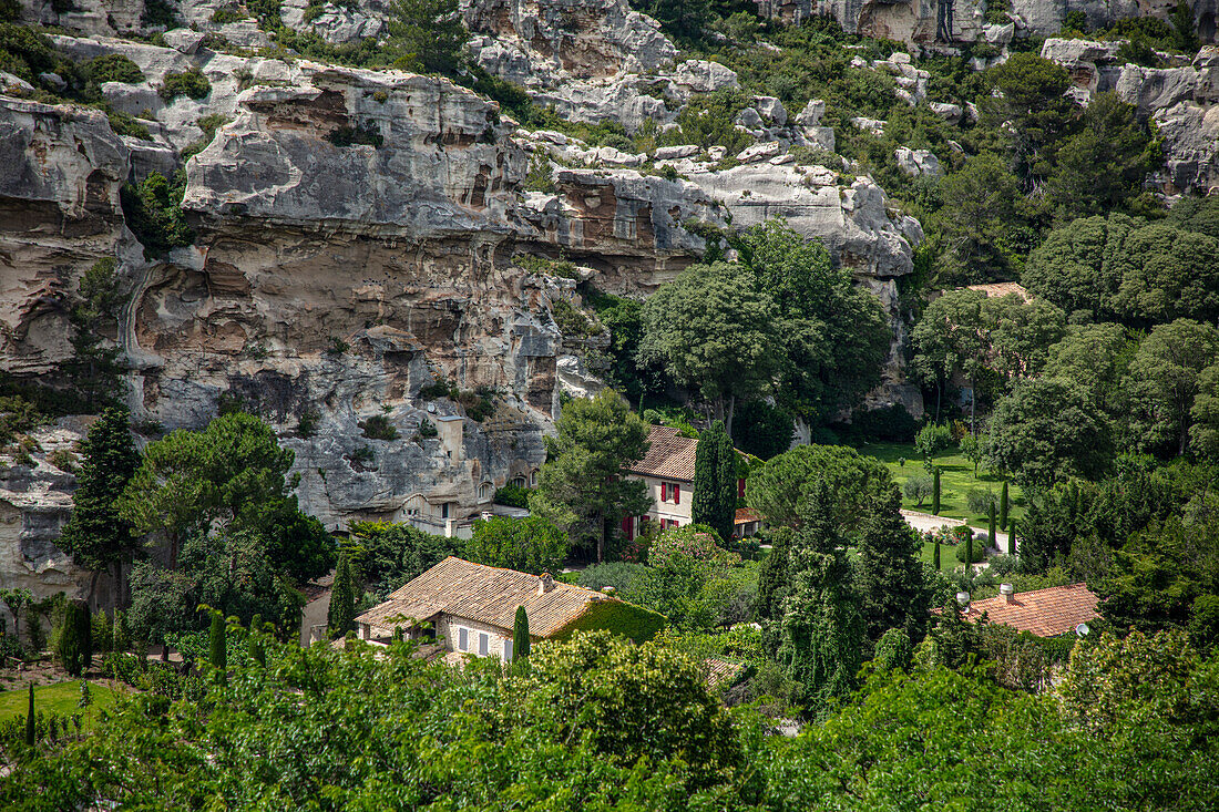 Blick auf Weingärten bei Les Baux de Provence, Provence-Alpes-Côte d’Azur, Frankreich