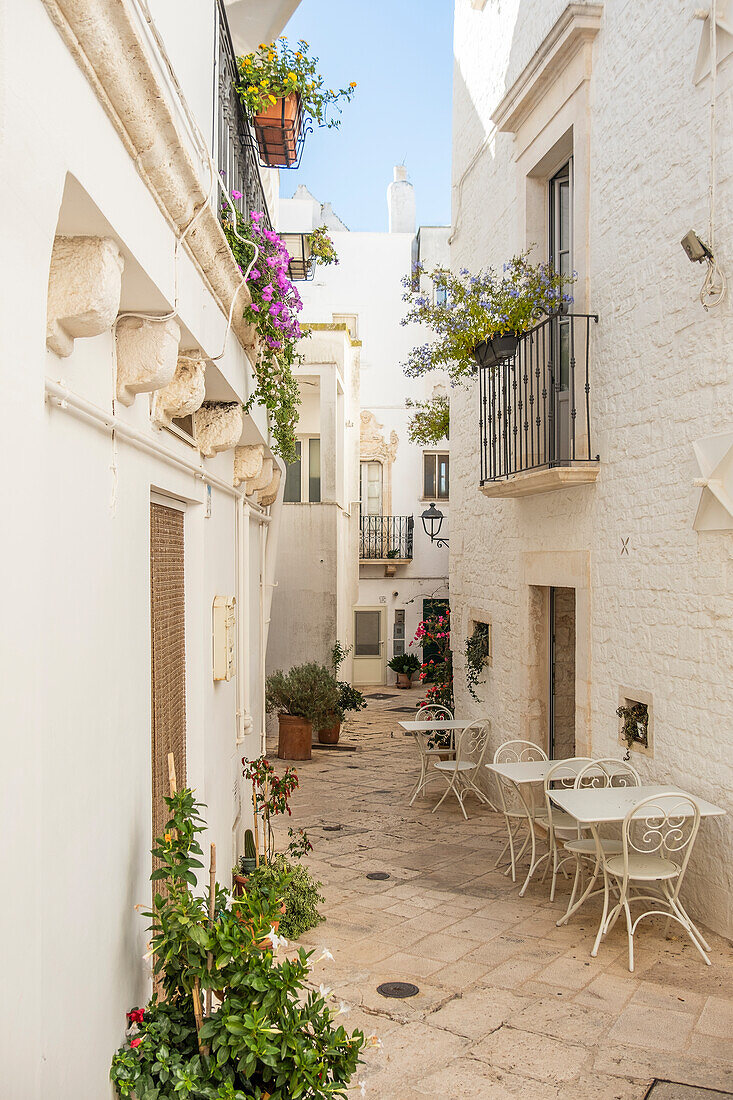 Charming narrow streets of Locorotondo, Puglia, Italy.