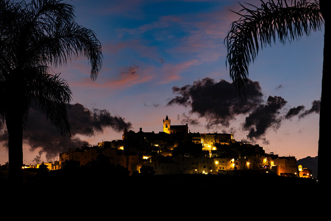 Beautiful sunset view on the old town Ostuni, Puglia, Italy.