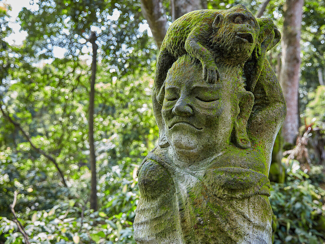  Moosbedeckte Steinstatue im Heiligen Affenwald-Schutzgebiet. Ubud, Bali, Indonesien. 