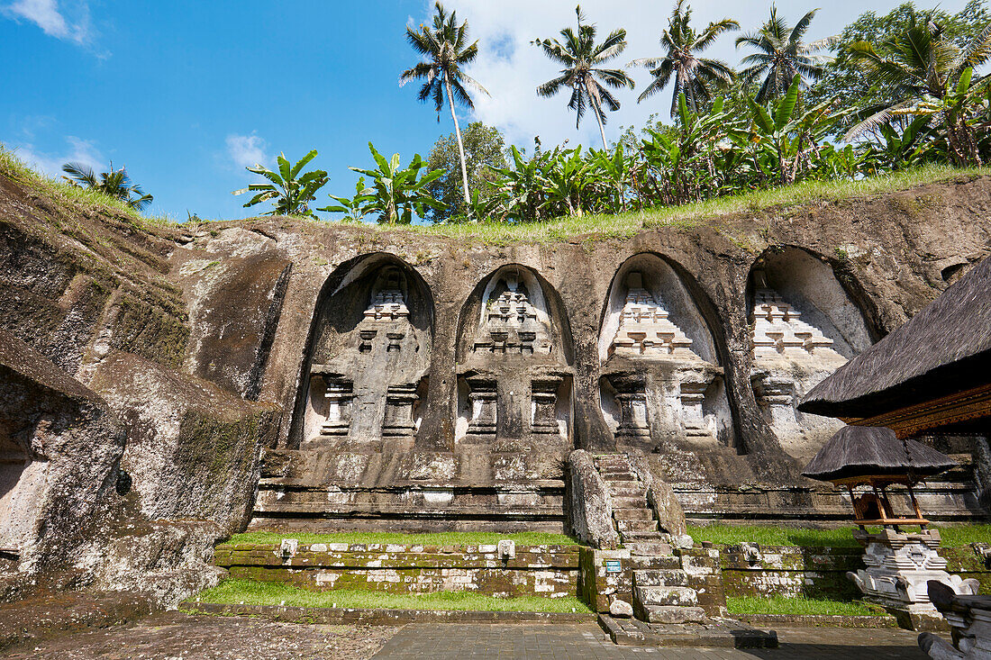 Rock-cut structures in the Gunung Kawi, 11th-century temple and funerary complex. Tampaksiring, Bali, Indonesia.