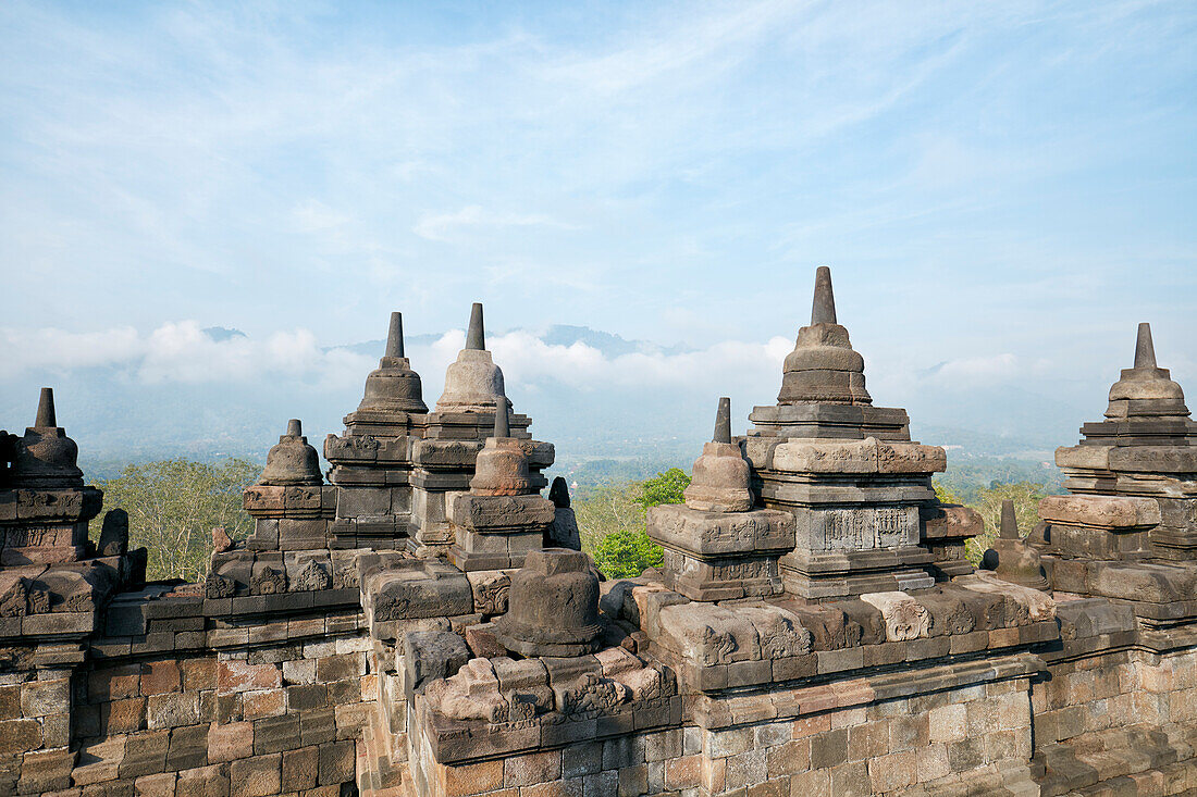 Low levels balustrades in the Borobudur, 9th-century Mahayana Buddhist temple. Magelang Regency, Java, Indonesia.