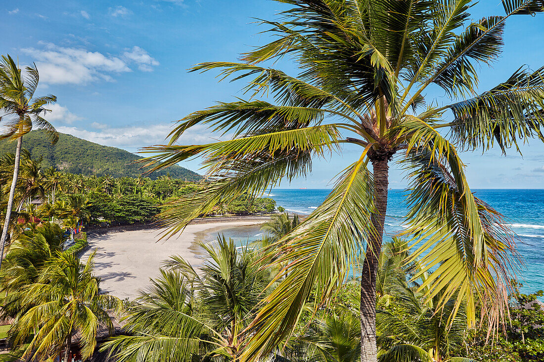 Aerial view of the Sengkidu Beach near Candidasa village. Manggis subdistrict, Karangasem regency, Bali, Indonesia.