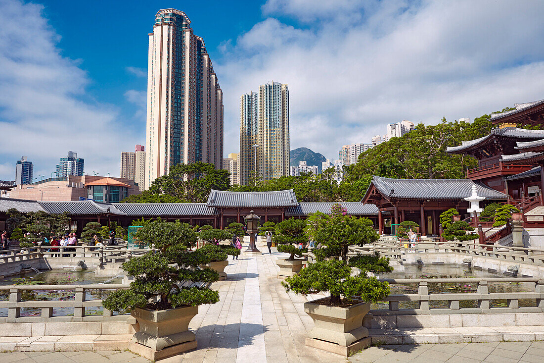 Bonsai garden at Chi Lin Nunnery, a large Buddhist temple complex. Diamond Hill, Kowloon, Hong Kong, China.