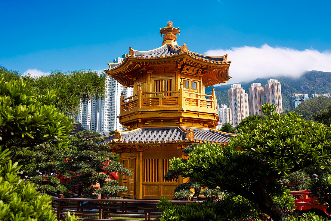 Exterior view of the Pavilion of Absolute Perfection in Nan Lian Garden, Chinese Classical Garden. Diamond Hill, Kowloon, Hong Kong, China.