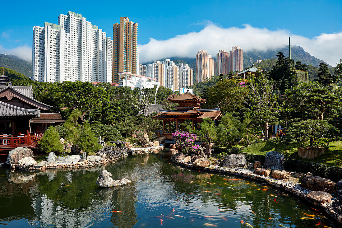 Gesamtansicht des Nan Lian Garten, einem klassischen chinesischen Garten mit Fischteich. Diamond Hill, Kowloon, Hongkong, China.