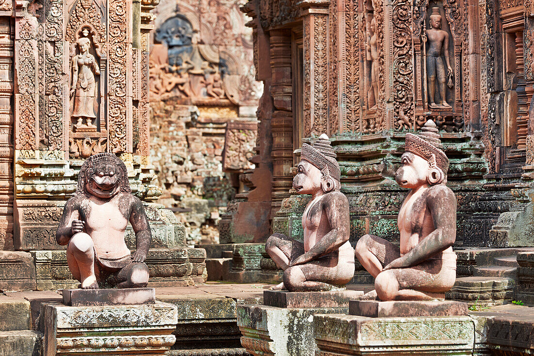 Stone statues of monkeys in the ancient Banteay Srei temple. Angkor Archaeological Park, Siem Reap Province, Cambodia.