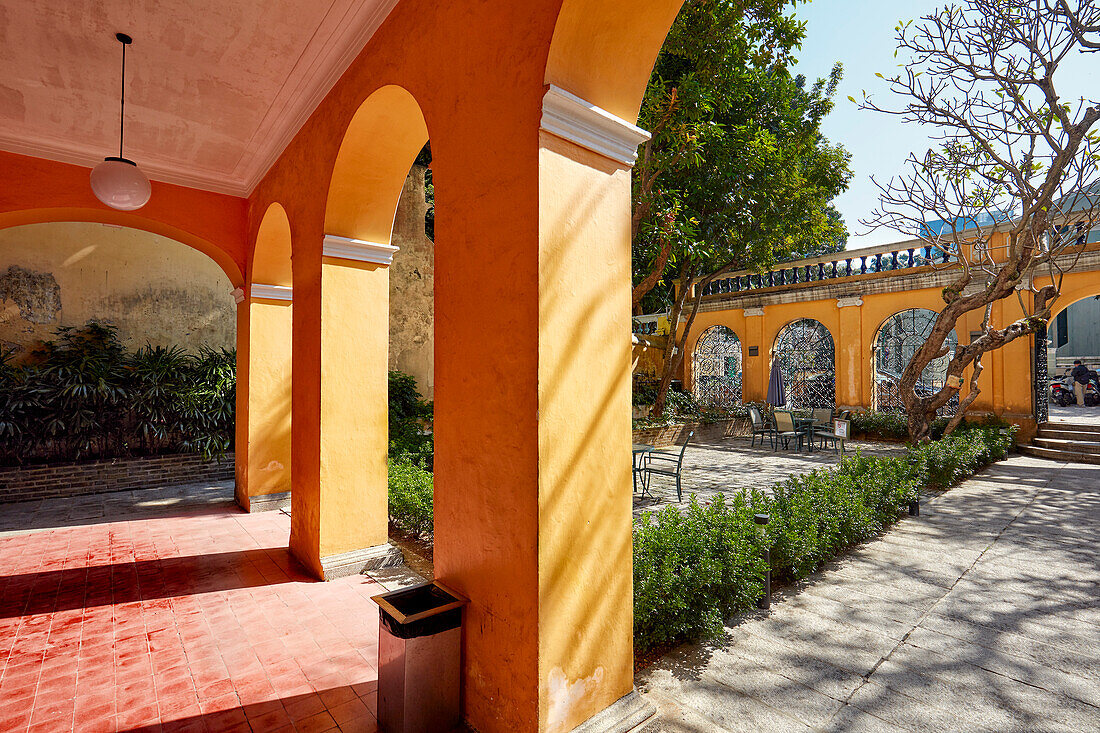 Porch and courtyard in historic colonial mansion now housing Sir Robert Ho Tung Library. Macau, China.