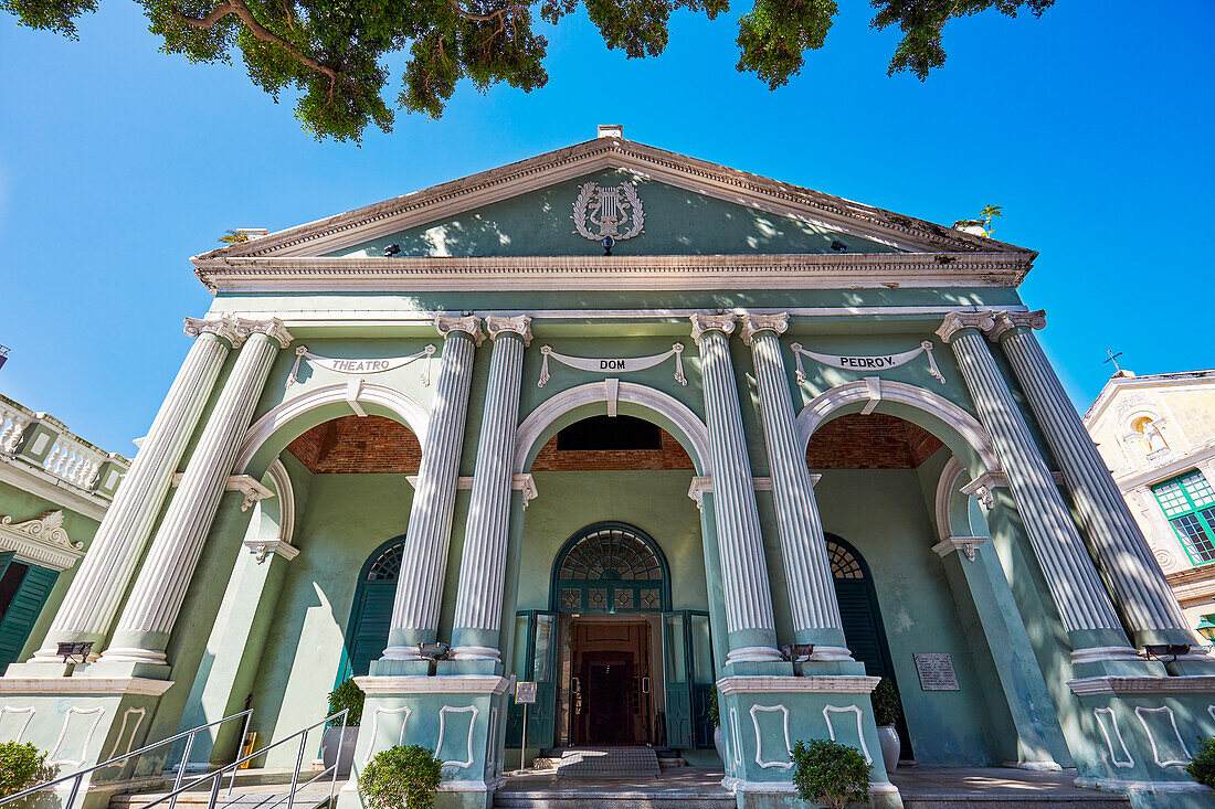 Main facade of the Dom Pedro V Theatre situated at Largo de Santo Agostinho. Macau, China.