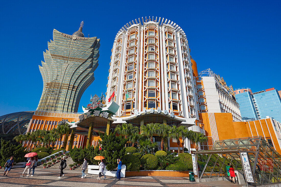 Exterior view of the main facade of the Hotel Lisboa. Macau, China.