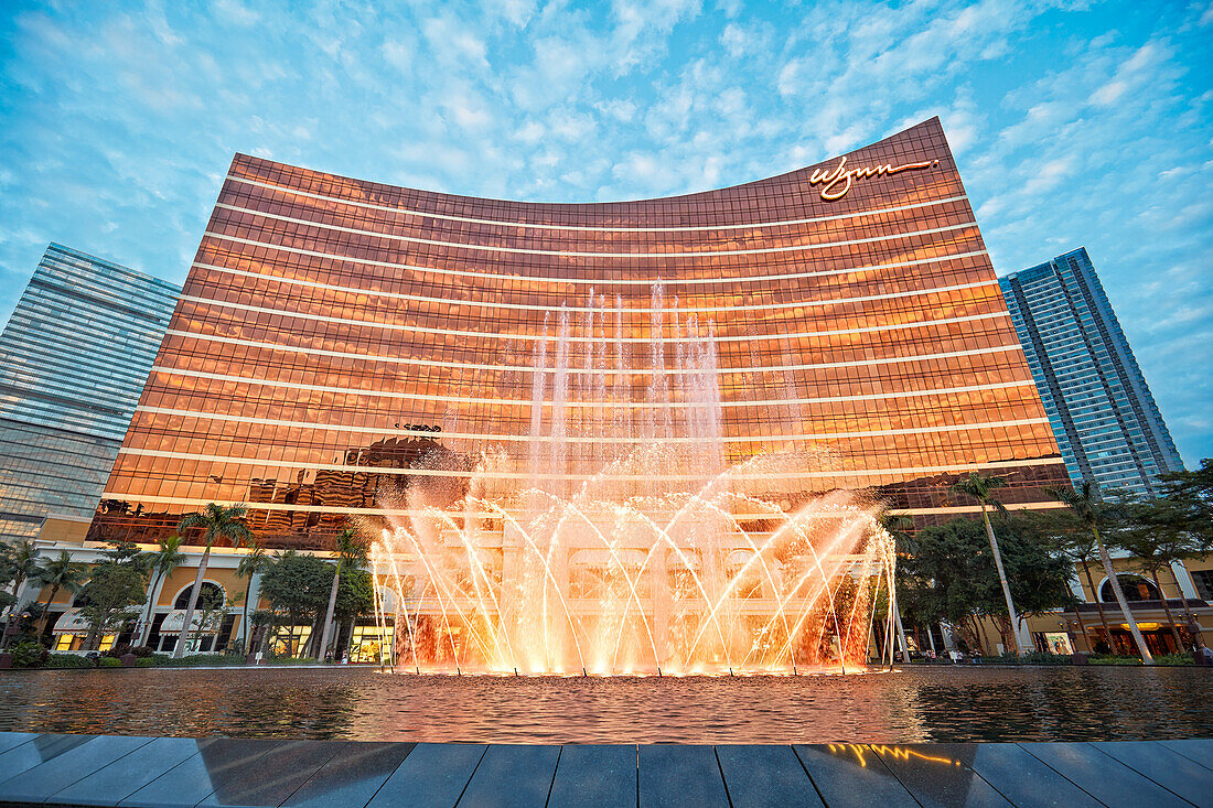 Water fountains show at the Wynn Macau, a luxury hotel and casino. Macau, China.