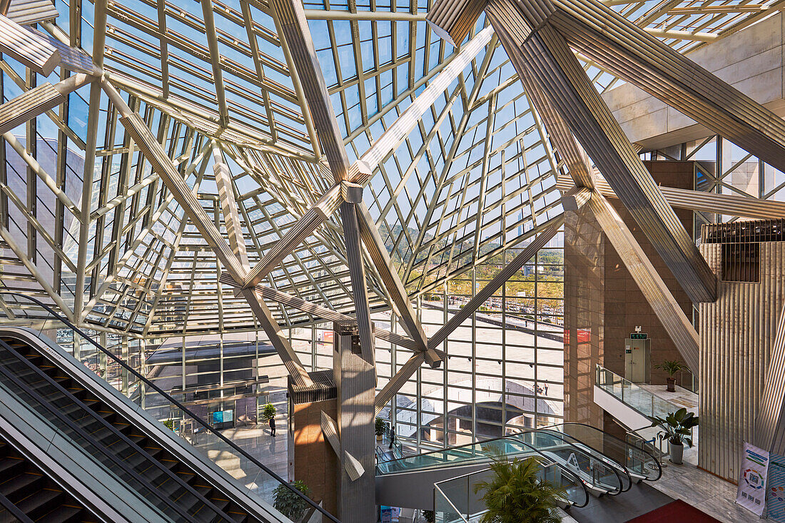 Transparent roof of the Shenzhen Library at Shenzhen Cultural Center. Shenzhen, Guangdong Province, China.