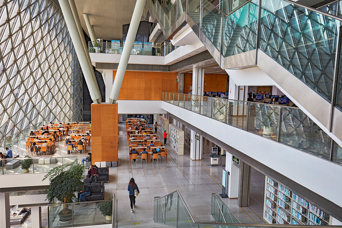 Interior view of the Shenzhen Library at Shenzhen Cultural Center. Shenzhen, Guangdong Province, China.