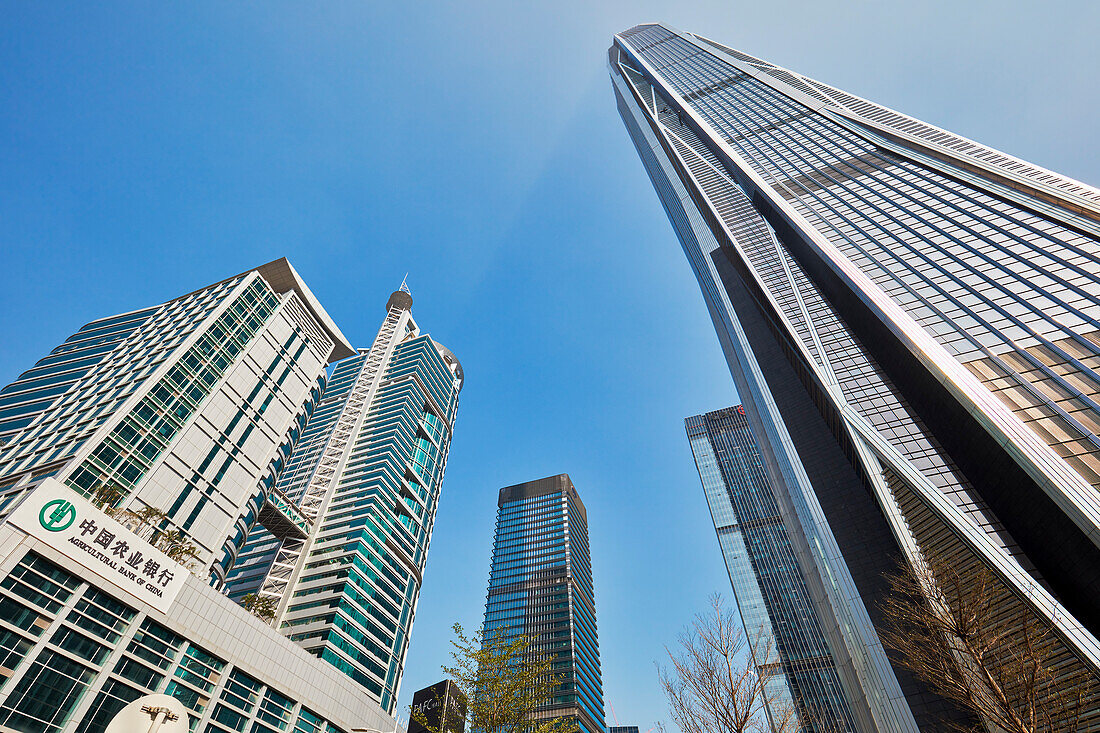 A view from below of the skyscrapers in Futian Central Business District. Shenzhen, Guangdong Province, China.