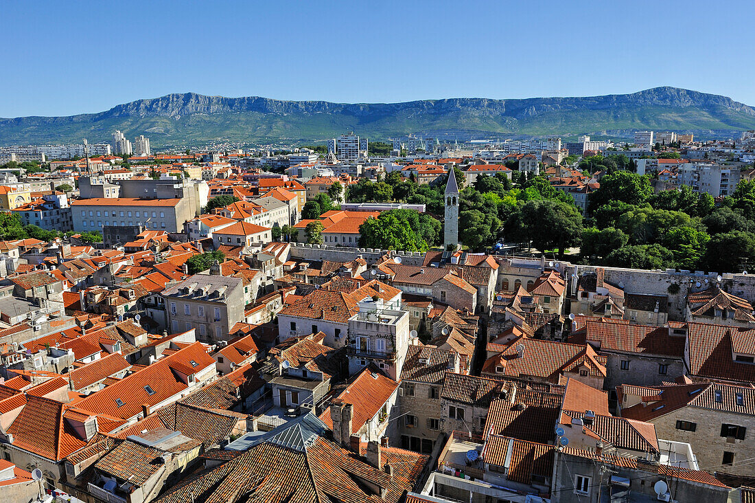 the Old Town viewed from the bell tower of the Cathedral,  the marina and Marjane Hill, Split, Croatia, Southeast Europe