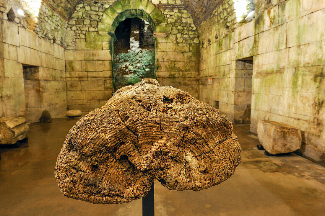 wooden beam dated from the construction (between the late 3rd and the early 4th centuries A.D), underground of Diocletian's Palace, Split, Croatia, Southeast Europe