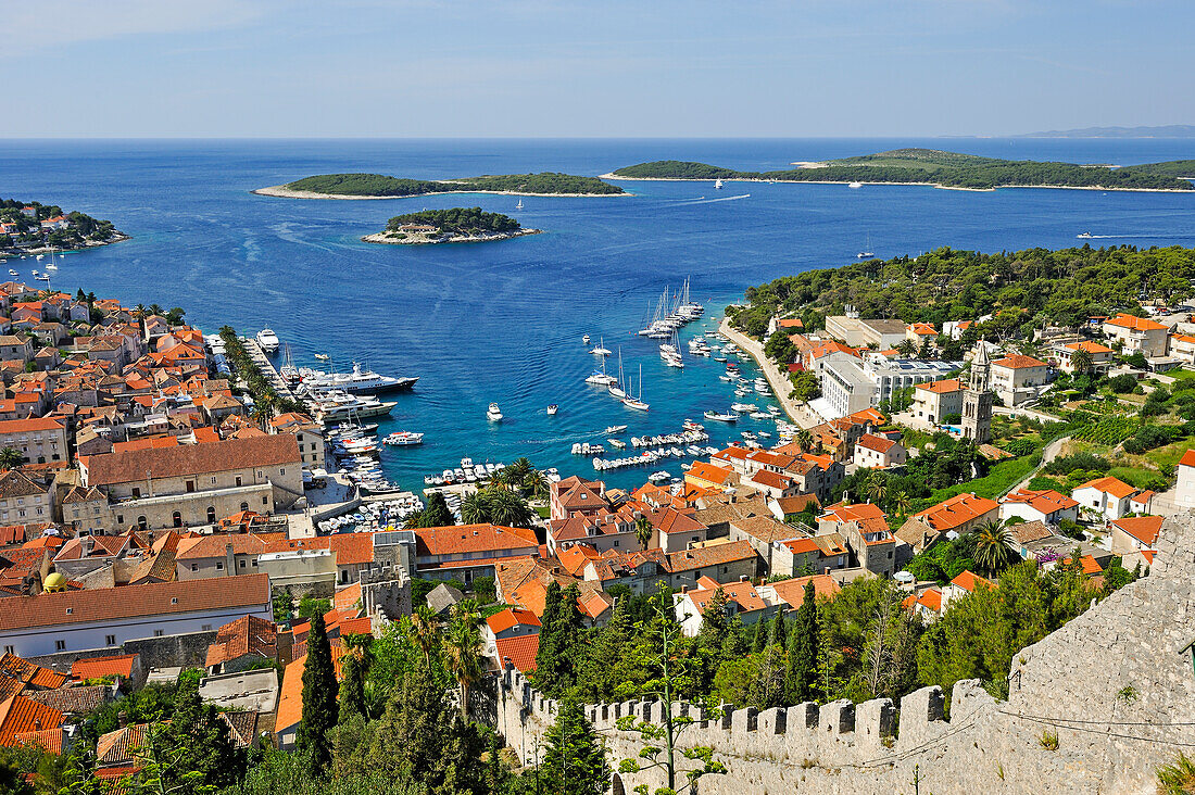 overview of Hvar city from the fortress with Hell's Islands (Pakleni) in the background, Hvar island, Croatia, Southeast Europe